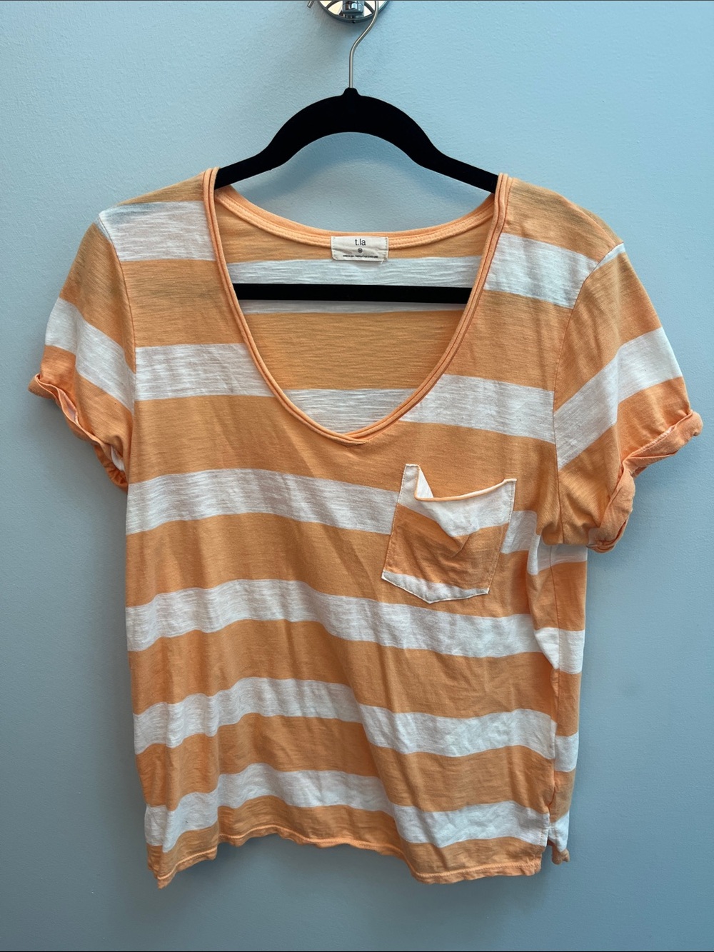 T.La Peach & White Striped Pocket Tee